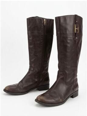 Tommy Hilfiger Knee High Riding Boots Equestrian Brown Leather Gold Zip 6.5